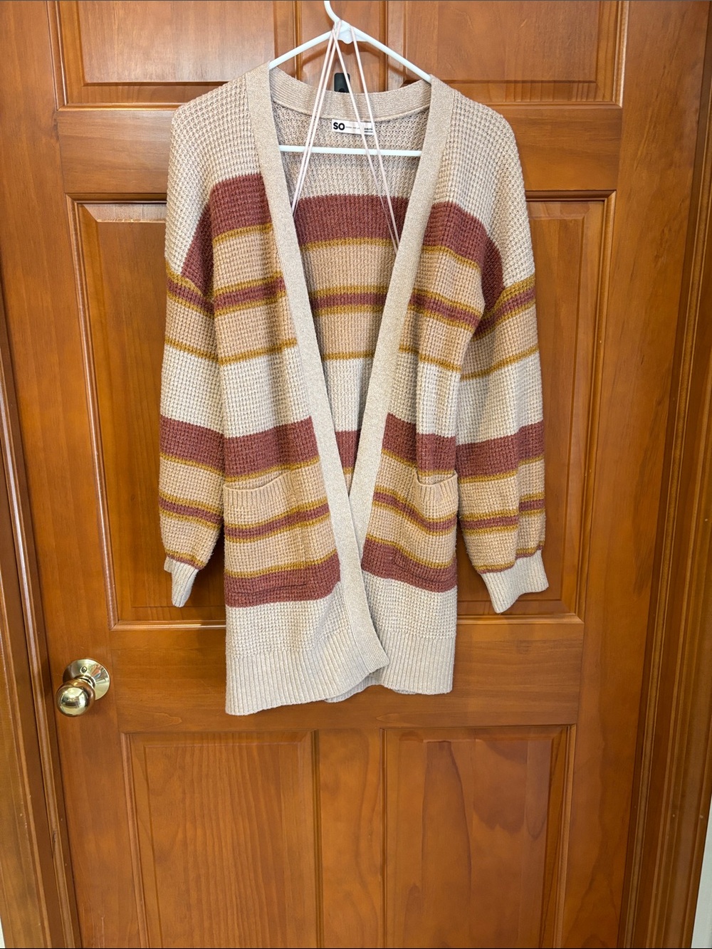 SO Striped Open-Front Cardigan in Cream, Rust, and Mustard